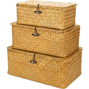 Yesland Shelf Baskets with Lid Set of 3, Handwoven Seagrass Storage Bins Box Rectangular Seagrass Basket Storage Organizer Wicker Basket for Shelf