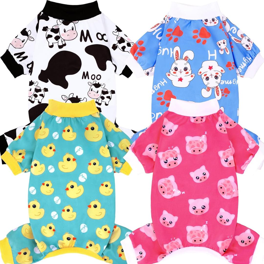 XPUDAC 4 Pieces Dog Pajamas for Small Dogs Pjs Clothes Puppy Onesies Outfits for Doggie Christmas Shirts Sleeper for Pet Cats Jammies-XS (X-Small(Chest-12" Back-8" Neck-9")), Black cow,rabbit,chicken,pig