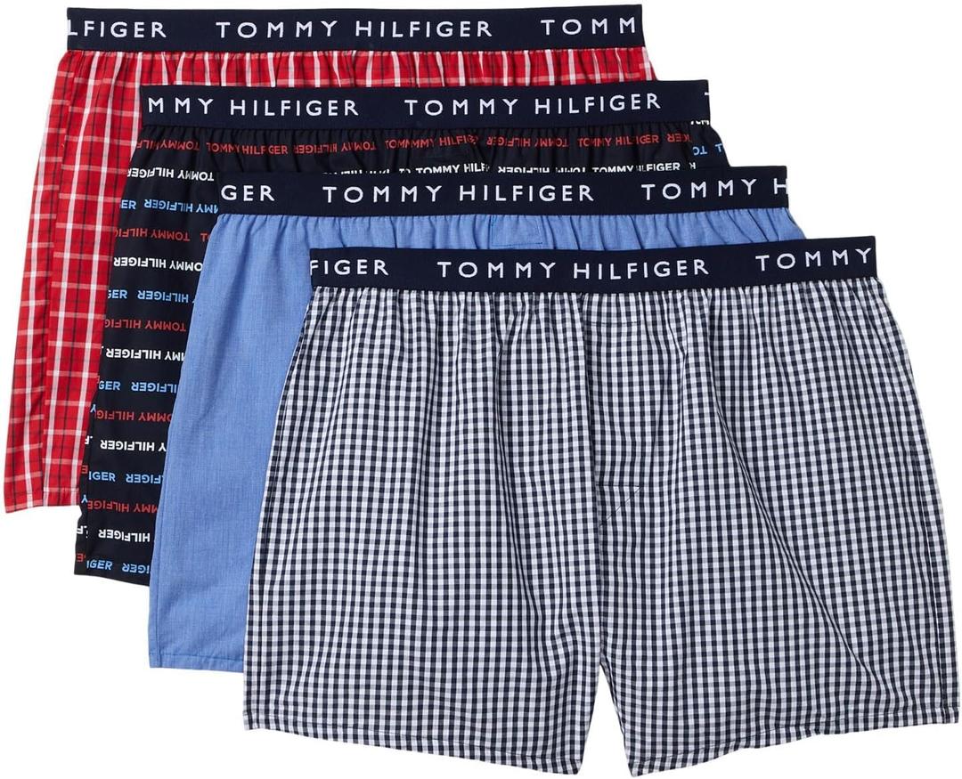 Tommy Hilfiger Men's Cotton Classic 4-Pack Woven Boxer (Large, Primary Red Plaid, Desert Sky Logo Print, Royalty, Desert Sky Gingham)