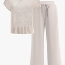 ANRABESS Women Two Piece Outfits Crochet Sheer Knit Sweater Top Wide Leg Pants Lounge Matching Sets Sweatsuit Travel Clothes S