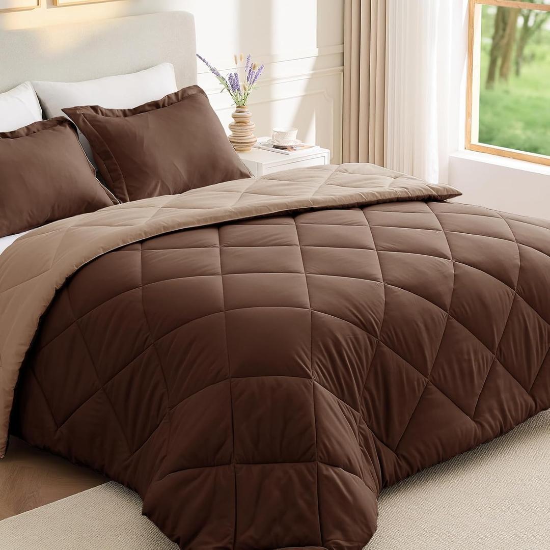 JOLLYVOGUE Full Comforter Sets, Ultra Soft Reversible Bedding for All Seasons, 3 Pieces Down Alternative Bed Set Includes 1 Lightweight Comforter and 2 Pillow Shams, Dark Brown/Khaki