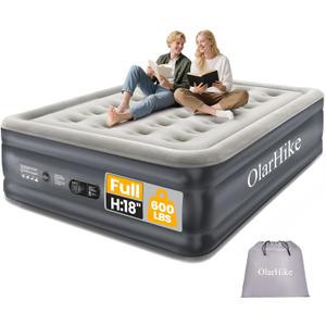 OlarHike Full Air Mattress with Built-in Pump, 18" Raised Inflatable Air Bed for Guests, Home Use & Camping, Supports Up to 600 lbs (Grey)