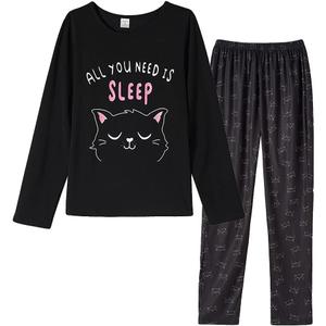 VENTELAN Women Pajamas Cute Christmas Sleepwear Plus Size Loungewear Set Long Sleeve Night Suits,XXL Black Cat