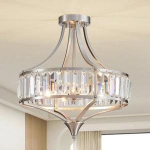 Brushed Nickel 4-Light Crystal Semi Flush Mount Ceiling Light Fixture Rustic Farmhouse Ceiling Lighting with Round Metal Shade Chandelier for Dining Room, Hallway, Bedroom, Foyer