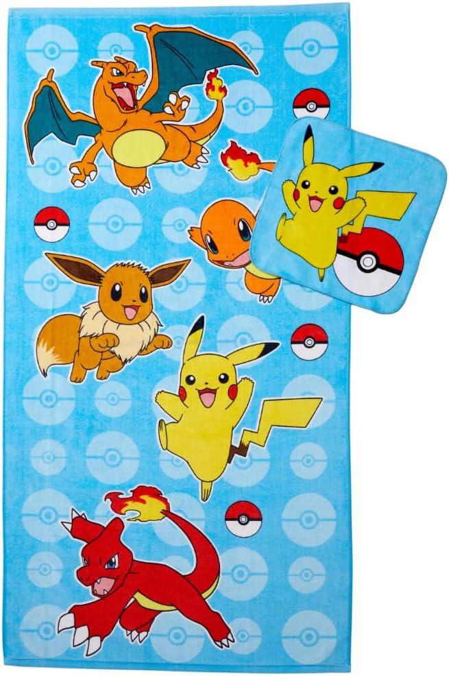 Franco Pokemon Gamer Kids Bath/Pool/Beach Soft Absorbent Cotton Terry Towel with Washcloth 2 Piece Set, 50 in x 25 in, (Officially Licensed Product) (25" x 50", Pokemon 2)