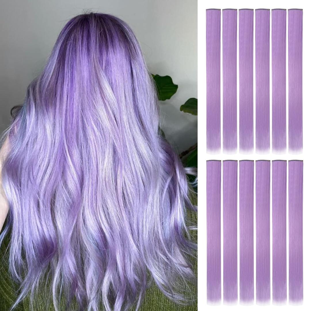 YaFex 12 Pcs Clip in Hair Extensions, 22 Inch Colored Hair Extensions Party Highlights Long Straight Synthetic Hairpieces for Women (Light Purple)