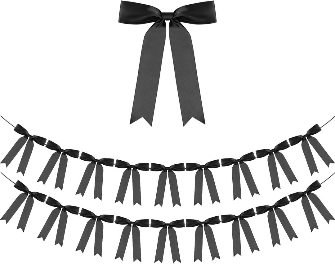Black Bow Garland Banner 2 Strings 18PCS, Pre-Strung Satin Ribbon Bow Ornaments for Birthday, Baby Shower, Bridal Shower, Wedding, Bachelorette Party, Engagement, Anniversary, Graduation Decor