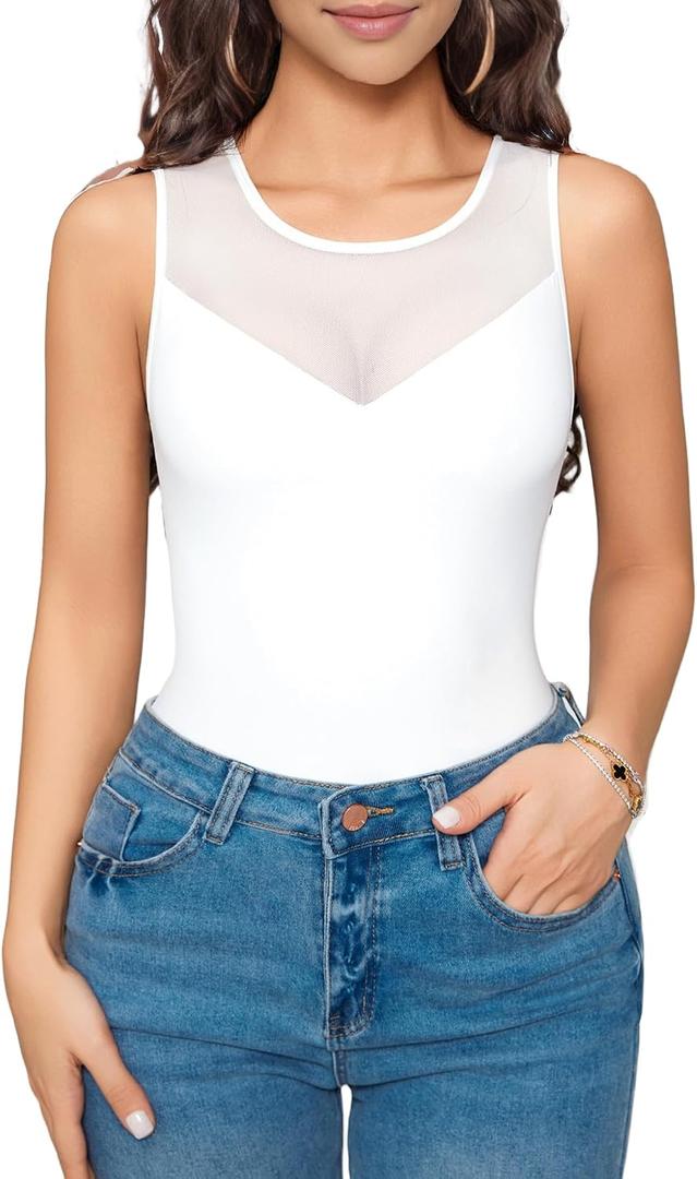 Avidlove Bodysuits for Women Summer Tops Mesh Crew Neck Leotards Shirts Sleeveless Going Out Bodysuit Tops (White, S)