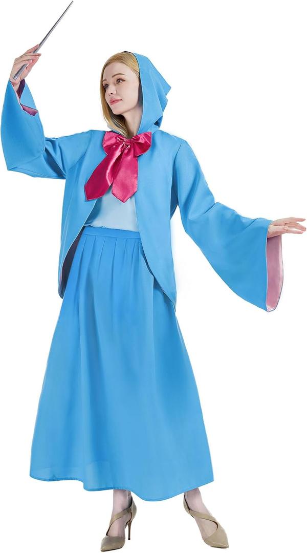 Godmother Costume for Women Adult Halloween Outfit Plus Size Girls with Dress Hooded Cloak Cape for Cosplay Party (Medium)