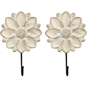 Decorative Wall Mounted Flower Hooks, White Distressed Wood Hanging Hooks, Farmhouse Boho Coat Rack for Hanging Things, Towels, Purse