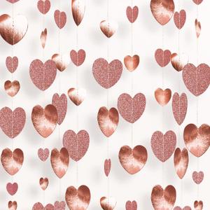 GCQQ 52Ft Rose Gold Heart Garland - Glitter Valentines Decorations 4 Packs Romantic Paper Heart Hanging Streamer for Bridal Shower Valentine's Day Party Backdrop Decorations