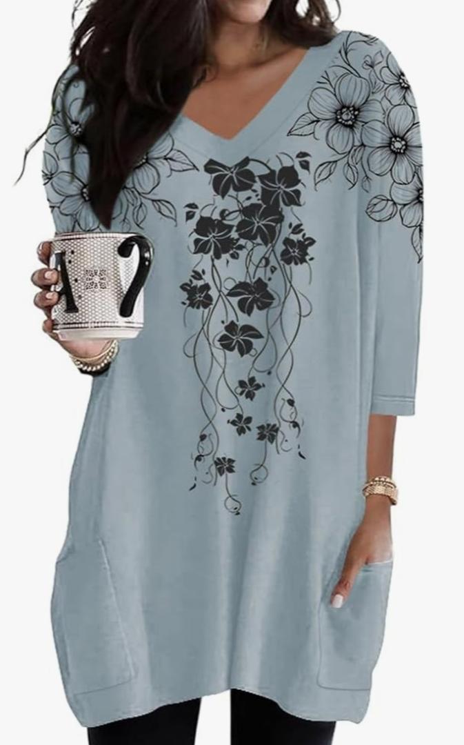 Poetsky Womens Tunic Tops for Leggings with Pockets Vneck 3/4 Length Sleeve Shirt Casual Long T-Shirts 2XL White