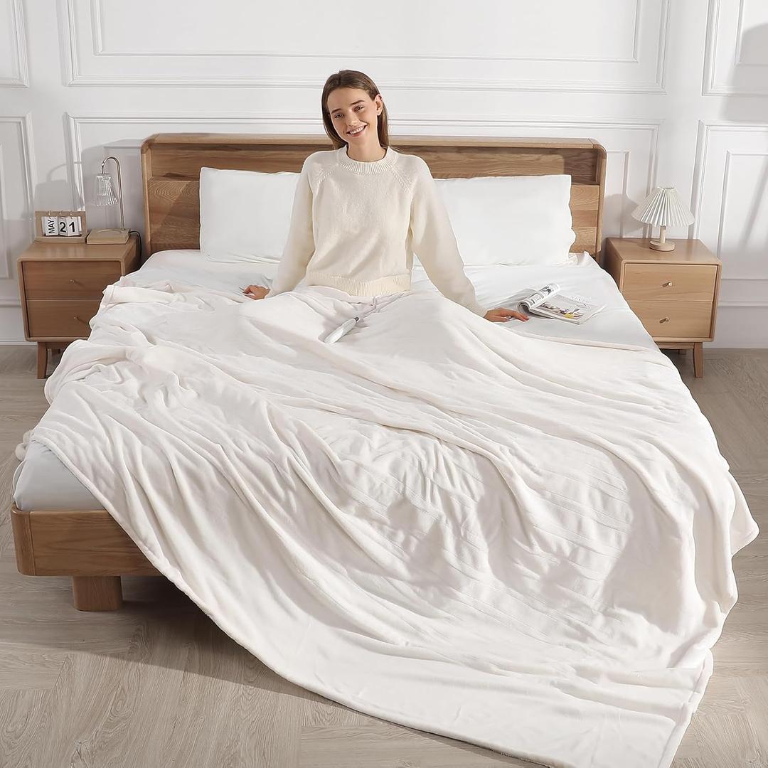 King Size Electric Blanket Dual Control Heated Blanket - Soft Silky Plush Electric Blanket with 5 Heating Level & 10 Hour Auto Off, ETL Certified & Machine Washable for Grandma Gifts(Cream White)