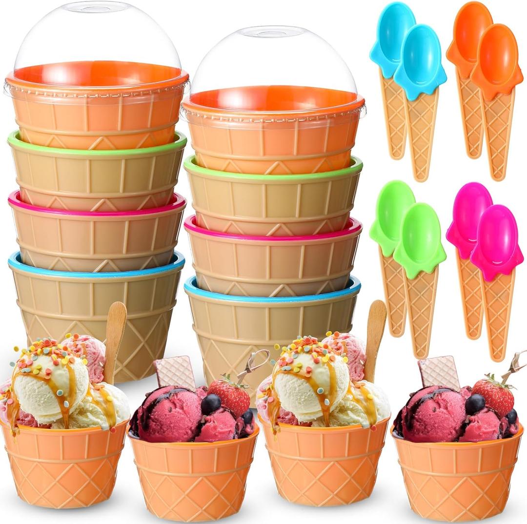 8 Sets Ice Cream Bowls and Spoons Set, Reusable Plastic Ice Cream Cups, Waffle Cone Shaped Spoons with Lids for Dessert, Frozen Yogurt, Gelato, Birthday Party Decorations Frozen Yogurt