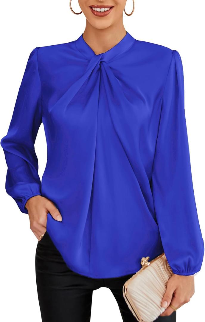 GRACE KARIN Women's Long Sleeve Shirts Mock Neck Casual Satin Blouse Tops for Business Office Work (XX-Large, Royal Blue)