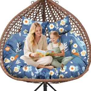 Double Egg Chair Cushion Replacement Waterproof for Outdoor Patio Hanging Basket Egg Chairs, 59x43-Inch Thickened 100% Cotton Large Double Eggs Swing Chair Cushions, Blue Peony