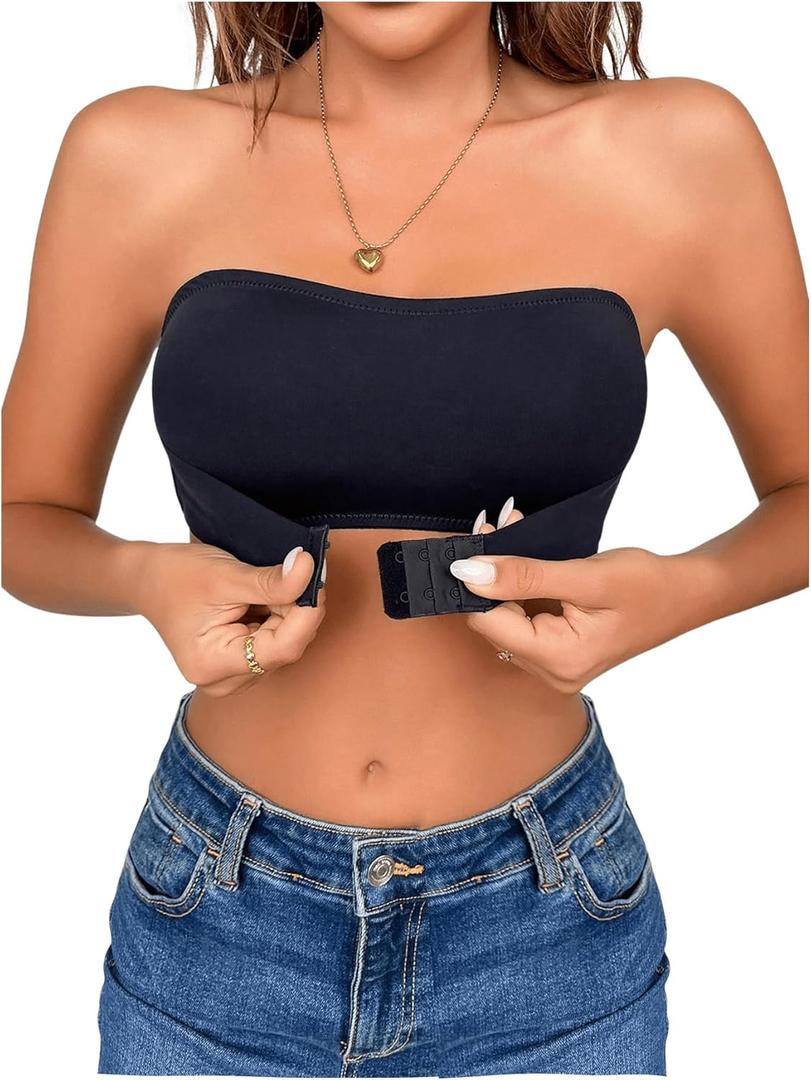 OYOANGLE Women's Strapless Front Closure Bandeau Bras Removable Padding Non-Slip Bralettes (Black) XS