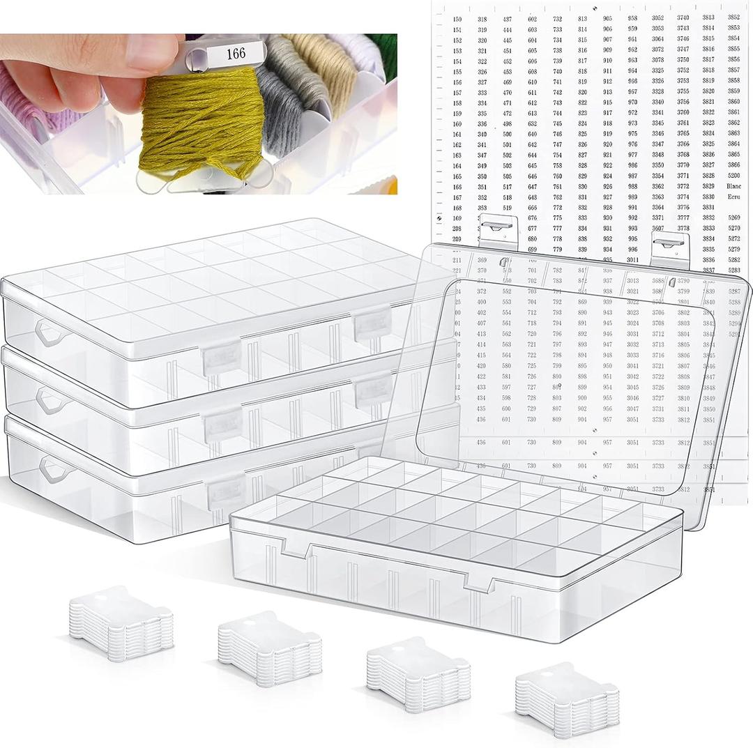 Queekay Embroidery Floss Organizer Box Set, Includes Compartments Cross Stitch Organizer Box, Plastic Floss Bobbins and 1790 Number Stickers for Thread Sewing, 4 Sets(24 Grids,50 Pcs)