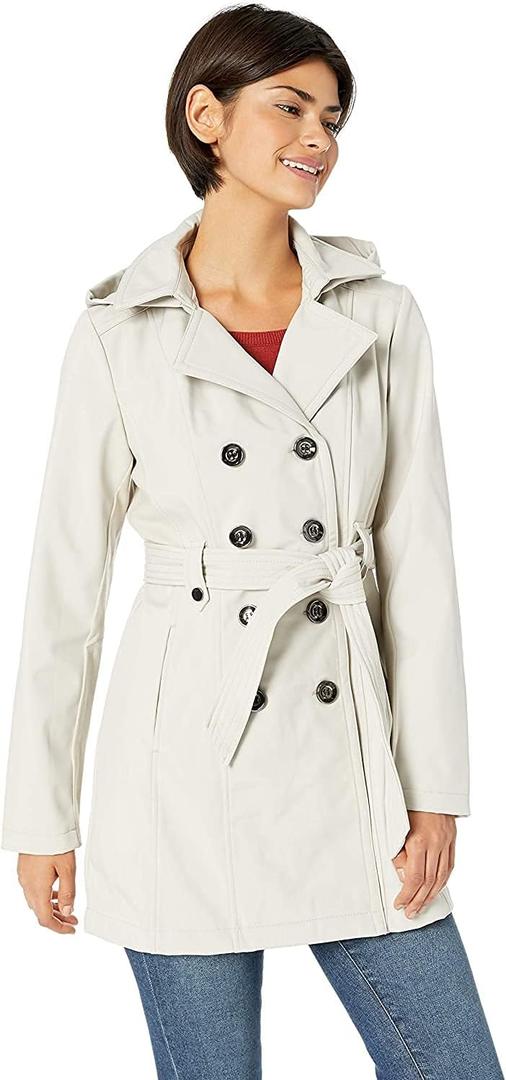 Sebby Collection Women's Soft Shell Trench Coat with Detachable Hood (Stone, Medium)