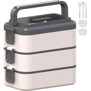 Stackable Bento Box Adult Lunch Box, 3000ML Large Capacity On-the-Go 3 Layers, Leakproof Microwave Safe Lunch Containers with Utensil Set, Dividers, Sauce Boxes for Kids and Adults