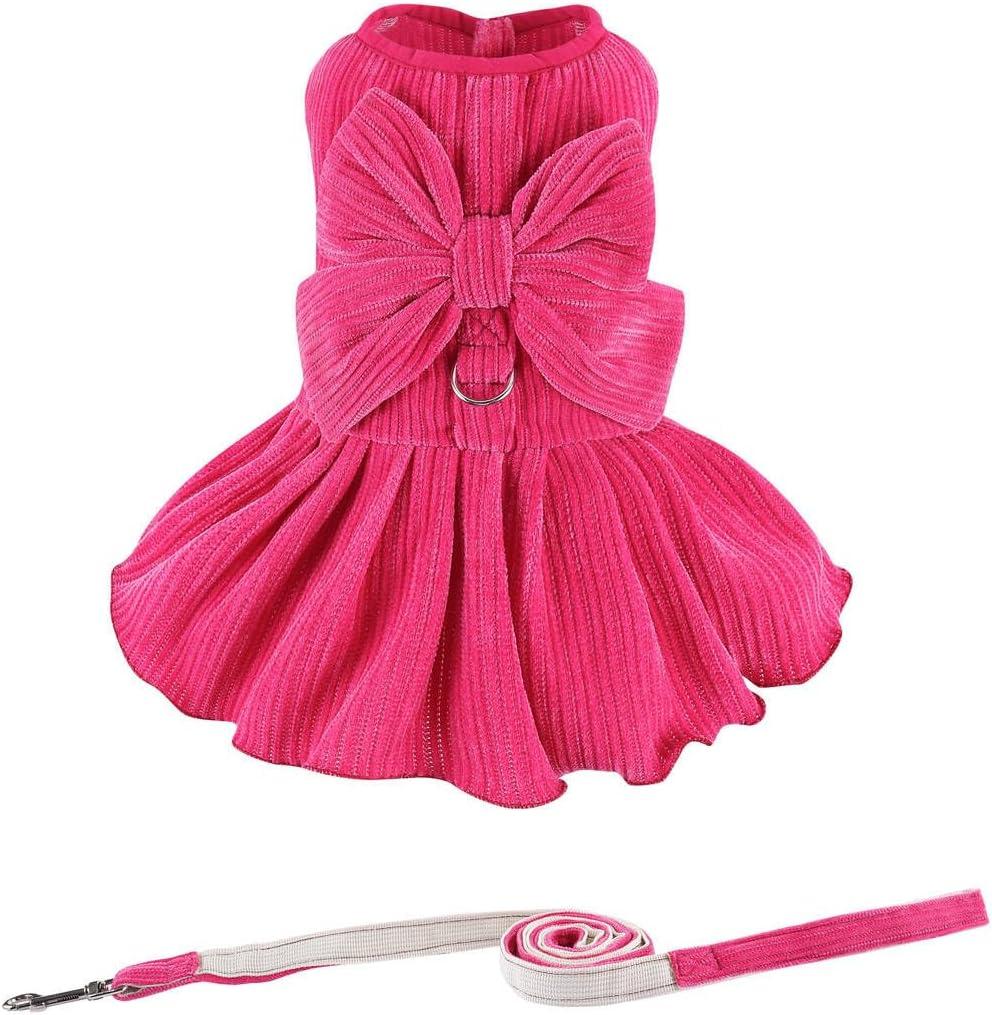 Dog Striped Dress,Pet Girl Bow Costume with Ring and Harness Leash,Dog Wedding Birthday Party Dress(Rose,Large)