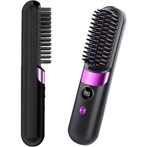 Go Brush Pro Cordless Hair Straightener Brush - Portable Rechargeable Ceramic Styling Brush with 4 Adjustable Heat Modes & LED Display, Perfect for Travel & Everyday Use (Black)