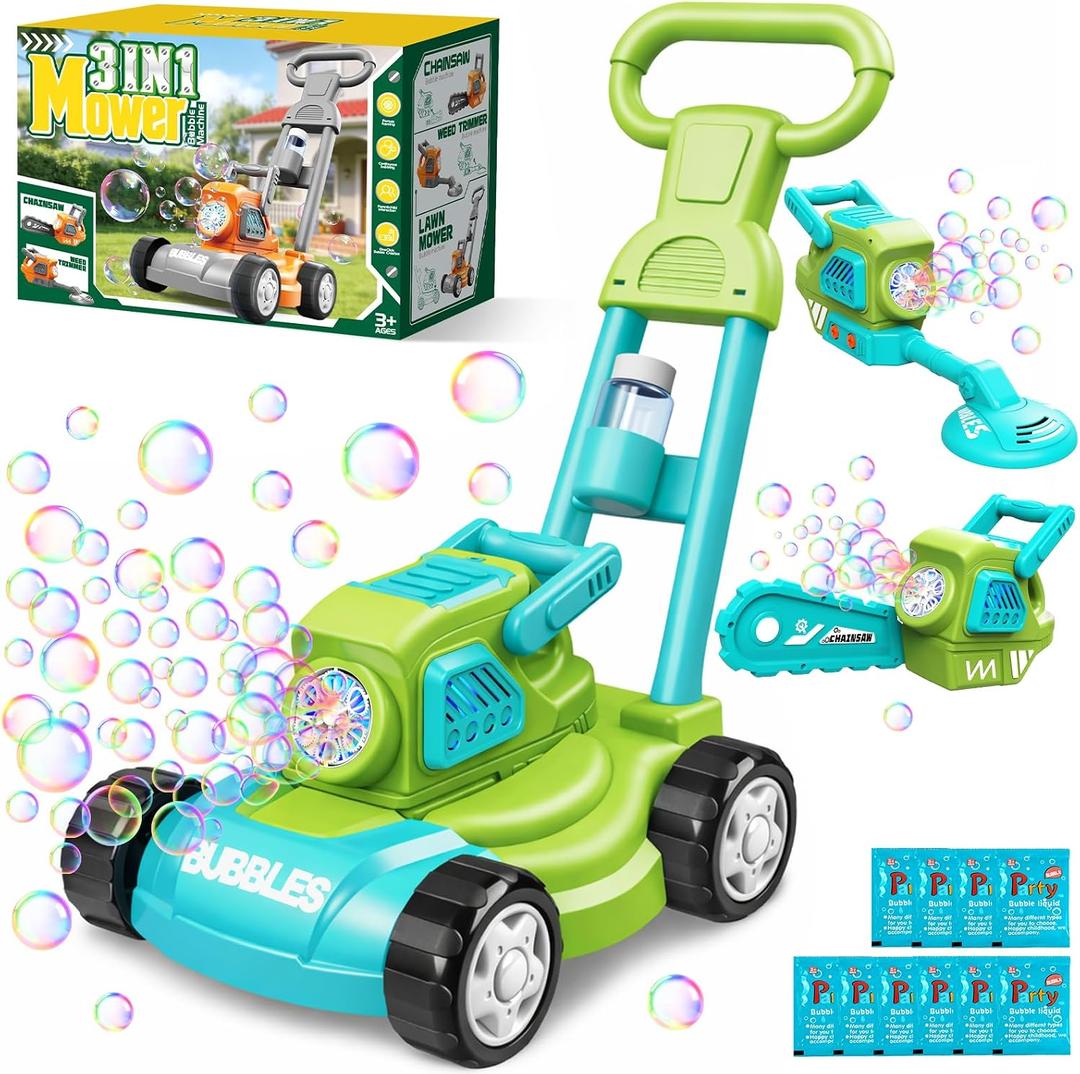 Bubble Lawn Mower for Kids, 3-in-1 Bubble Machine Blower with 10 Bubble Solution, Outdoor Push Toys for Toddlers Ages 3-8, Birthday Easter Summer Gift for Boys Girls 3 4 5 6 7 8 Year Old