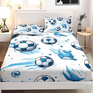 AILONEN Kids Soccer Twin Size Fitted Sheet Set, Football Bed Sheet, Blue Graffiti Soccer Bedding Set for Boys Adults, 1 Fitted Sheet with 2 Pillowcases, 3 Piece