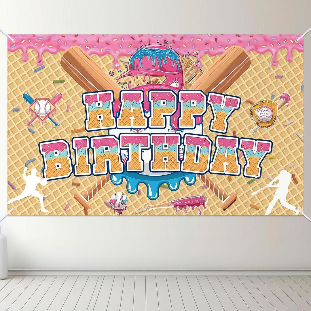 HunnmingRe Ice Cream Drip Baseball Birthday Party Decoration Baseball Drip Banner Sports Party Hanging Photo Supplies for Ice Cream Birthday Summer Gathering Decorations
