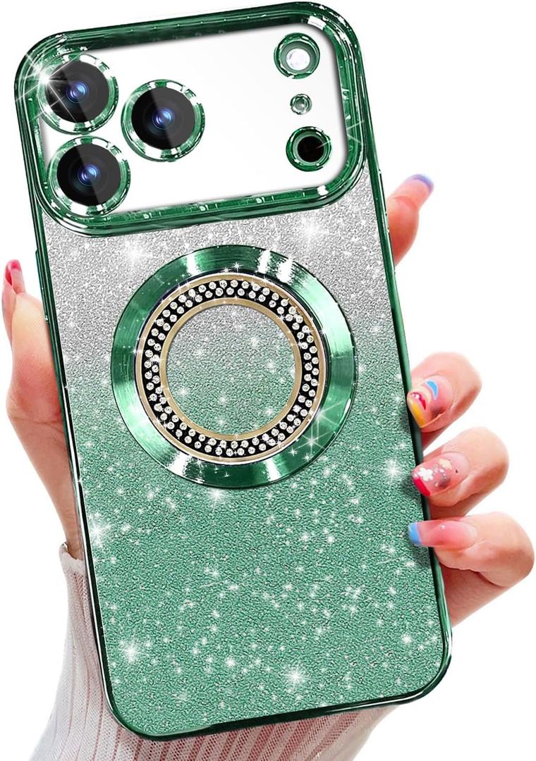 Misscase for iPhone 17 Pro Magnetic Glitter Case Compatible with MagSafe,Full Protection Slim Shockproof Anti-Scratch Case with Camera Lens Protector Plating Bling Dust-Proof Net Green