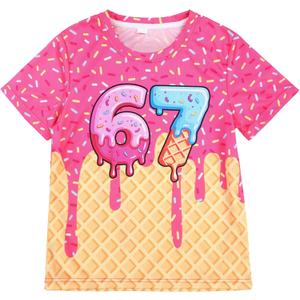 Skicuff 67 Dripping Ice Cream T-Shirts Creative Round Neck Short Sleeves for Boys Girls Daily Outfits Summer Party (Pink, L)