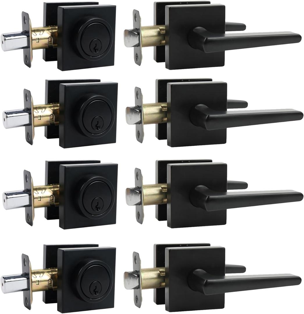 Door Locks For Front Door And Deadbolt Set, Exterior Door Lock Set With Deadbolt, Square Deadbolt Lock And Door Knob Set,Heavy Duty Entry Door Handle With Single Cylinder Deadbolt, (Matte Black 4Pack)