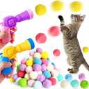 2 Cat Toy Launchers & 100 Cat Pom Pom Balls, Cat Toys Balls Launcher, Launch Ball Interactive Toy, Silent Plush Elastic Ball for Kitty (Colorful)