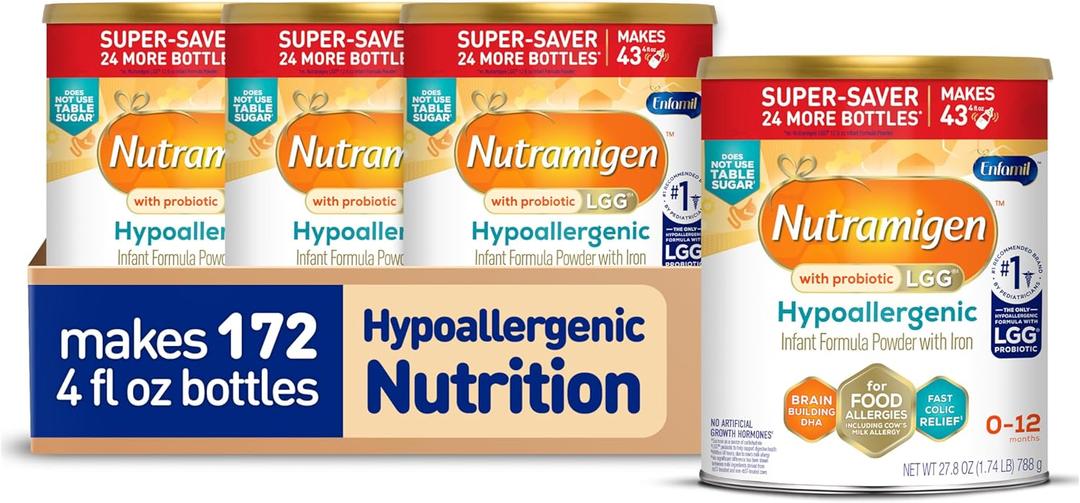Enfamil Nutramigen Hypoallergenic Baby Formula with Iron, Lactose Free, Colic Relief from Cow's Milk Allergy Starts in 24 Hours, Brain Building DHA, Probiotic LGG for Immune Support, 27.8 Oz, 4 Count, BB Date 1 Nov. 2026