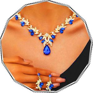 Brishow Green Necklace and Earring Set Rhinestone Formal Wedding Jewelry Sets for Women (blue and gold)