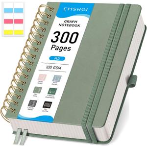 EMSHOI Spiral Graph Paper Notebook - 300 Pages, 100 GSM Thick Grid Notebook, A5 Small Hardcover Leather Journal for Women Men Writing Engineering Graphing, 5.7" x 8.22", Light Green