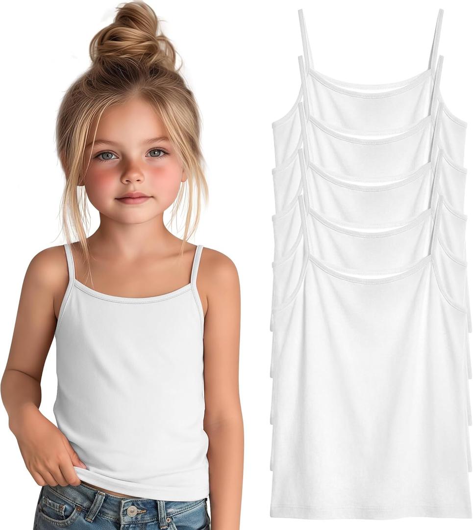 5 Pack Girls Sleeveless Camisole Tank Tops Kids Cami Basic Undershirt for Layering Soft Breathable 5-14 Years (White)
