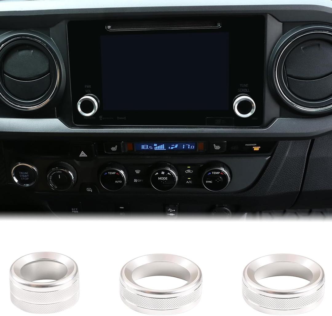 Car Sound Volume Knob & Rearview Mirror Adjustment Knob Trim Cover Fit Toyot@a Tacoma 2016-2019 Center Console Audio Radio Switch & Rearview Mirror Button Knob Circle Decorative Ring Accessories (Silver)