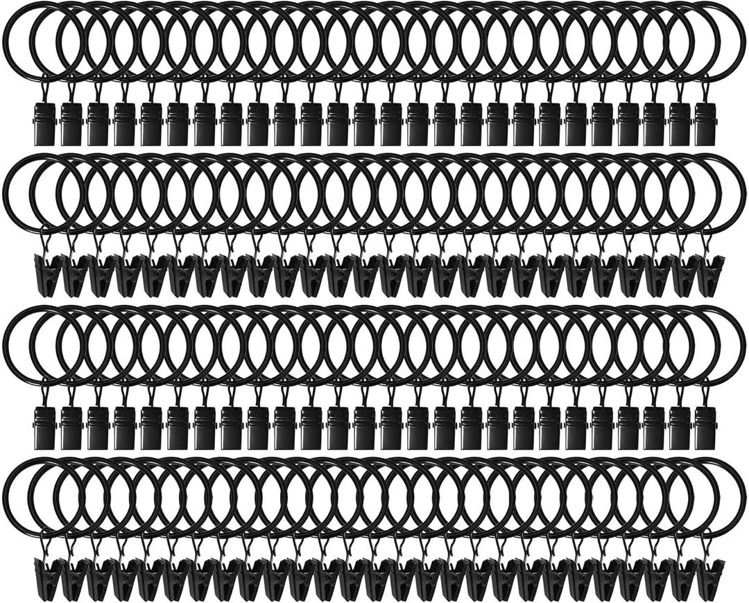 105 Pack Curtain Clips with Rings 1.26" Interior Diameter, Metal Drapery Ring with Clips Compatible with up to 1 inch Drapery Rod, Strong Vintage Decorative Rustproof Drapery Window Ring with Hooks (Black)