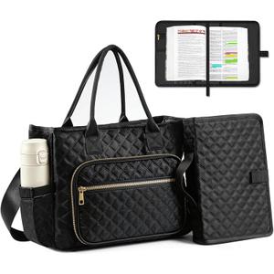 Large Bible Bag with Bible Cover for Women, Church Tote Bag with Shoulder Strap, Waterproof Bible Study Supplies, Bible Accessories for Christian Gift, Quilted Tote Bag for Men/Women, Black