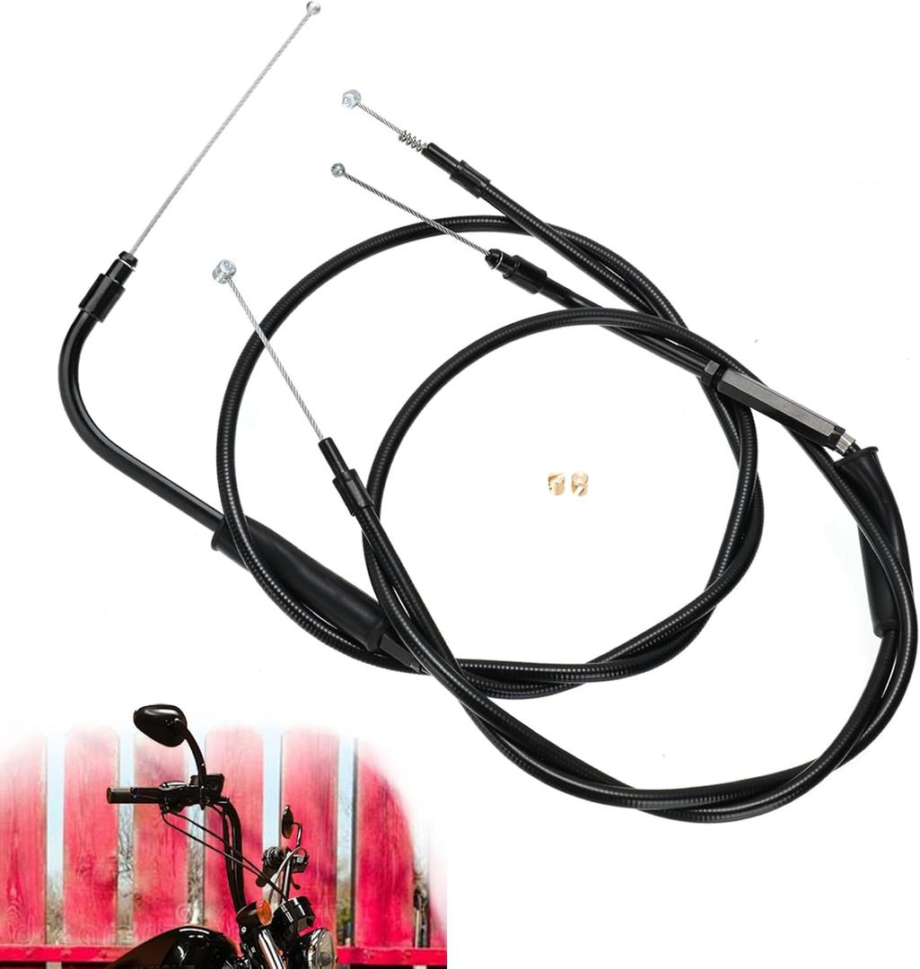 41.3" Black Vinyl Stainless Steel Braided Extended Throttle and Idle Cable Kit for 2007-2010 Harley Some Softail Models, 2000-2006 Some Touring Models 12" Handlebar
