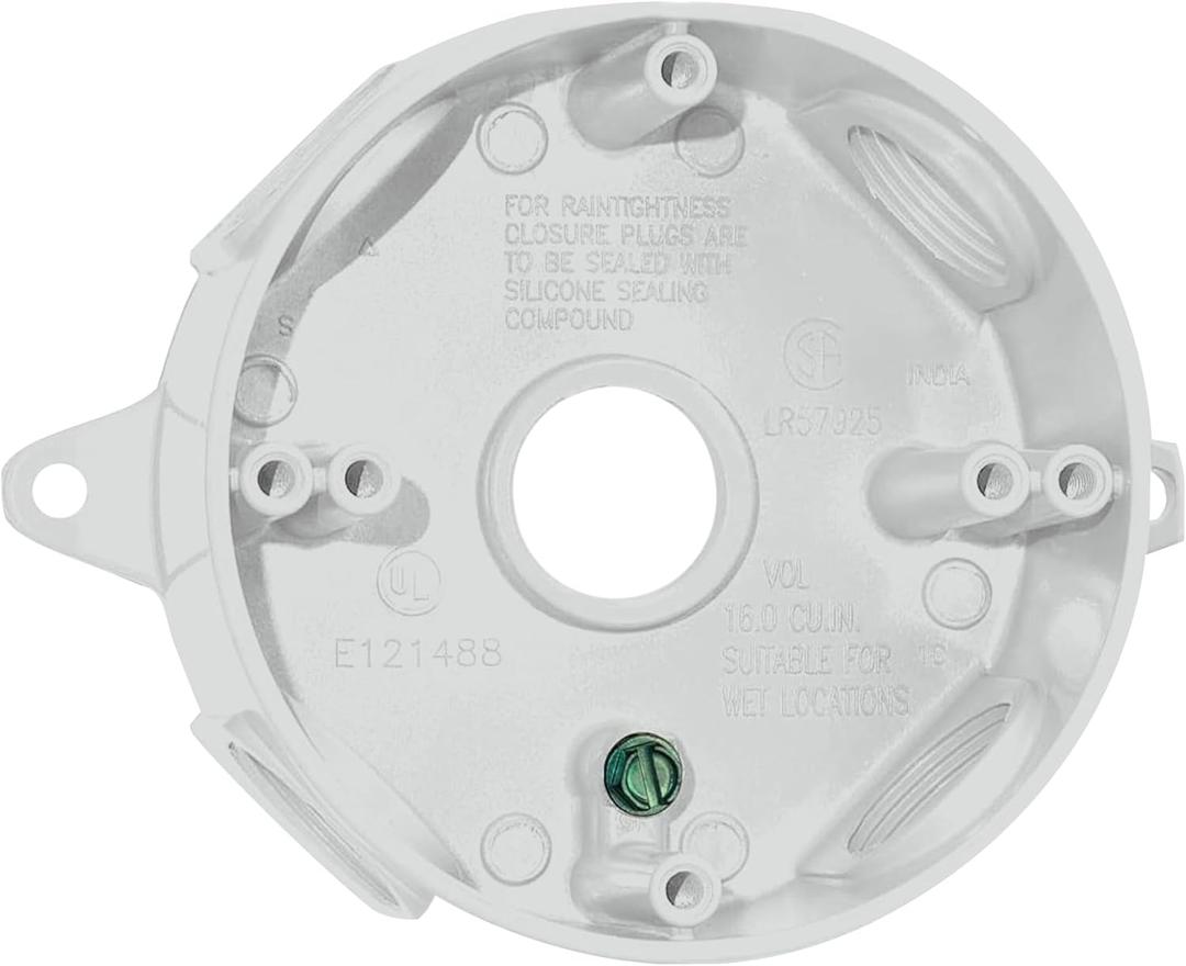 SIGMA ENGINEERED SOLUTIONS 143854 Round Metal Electrical Outlet Box, Weatherproof, Easy Mount, White, (5) 1/2-Inch Holes