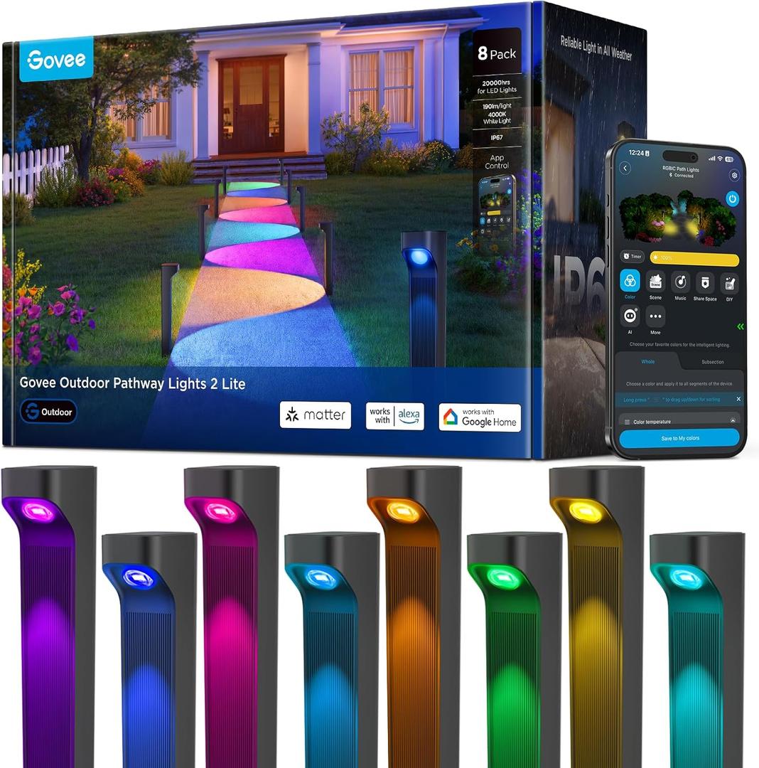 Govee Outdoor Pathway Lights 2 Lite, 8 Pack, 190 Lumens, IP67 Waterproof | 16 Million Colors, 60+ Scene Modes, for Path, Landscape Lighting, Outdoor, Compatible with Alexa, Google Assistant, Matter