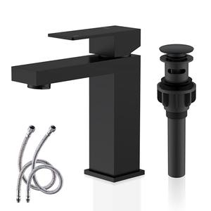 KENES Matte Black Single Handle Bathroom Sink Faucet, Stainless Steel Vanity Faucet for Bathroom Sink, with Pop Up Drain Stopper & Water Supply Hoses LJ-9031-2, Short, Matte Black