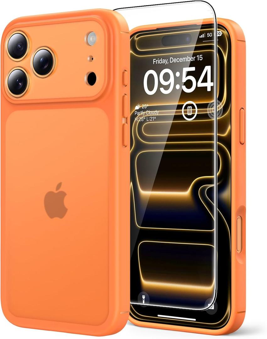 TAURI for iPhone 17 Pro Max Case, Full Camera Protection with Screen Protector, Translucent Matte Military-Grade Protection Shockproof Slim Phone Case for iPhone 17 ProMax, Matte Orange
