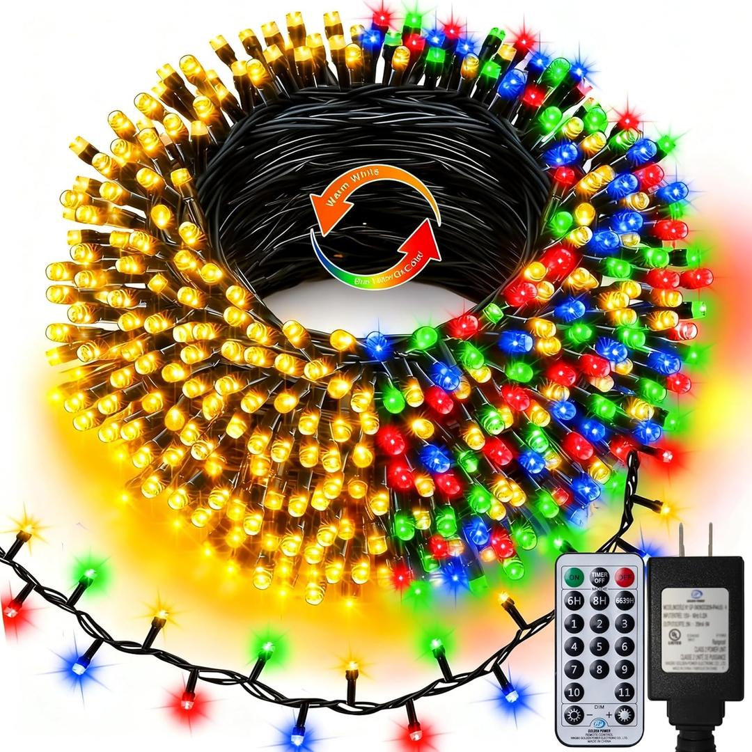 Christmas String Lights Connectable Extra Long 66Ft Warm White & Multicolor | Dual Color Changing 400 LED Outdoor String Lights End-to-end Plug in with Remote Timer for Garden Patio Tree Decor Clear Wire