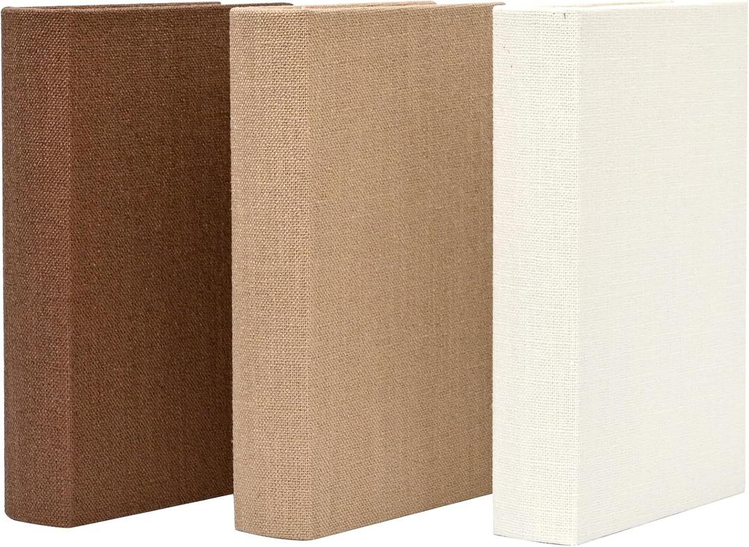 DECOR4SEASON Modern Linen and Wood Decorative Book Boxes, Set of 3 Earthy Neutral Faux Books for Bookshelf Decor, Coffee Table Storage Trays for Remotes & Jewelry, Brown, Taupe, and Off-White