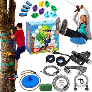 Zip Line Kit for Kids and Adults, 200 ft, Up to 350 Lbs, Removable Trolley, Rustproof Stainless Steel, Quick Setup with Ratchet, Safety Harness, Backyard Adventure Fun W/Climbing Holds