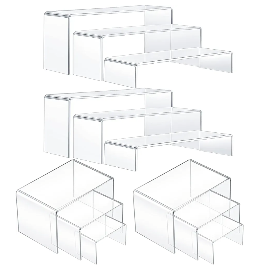 4 Set Acrylic Display Risers - Medium & Large Display Stand Shelf for Organizing Cupcake, Figure, Jewelry & Collectibles (Clear)