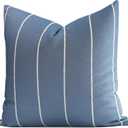 Crumbs Home Coastal Linen Indoor Outdoor Throw Pillow Cover Only, 22"x22" Water Repellent for Patio, Backyard, Couch, Azure Blue Embroidered Stripes